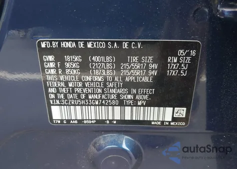 2016 Honda Hr-V Lx z USA, uszkodzony, nr VIN 3CZRU5H33GM742580